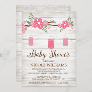 Rustic Wood Pink Mason Jar Branch Girl Baby Shower Invitation