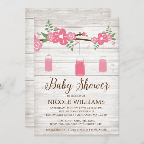 Rustic Wood Pink Mason Jar Branch Girl Baby Shower Invitation