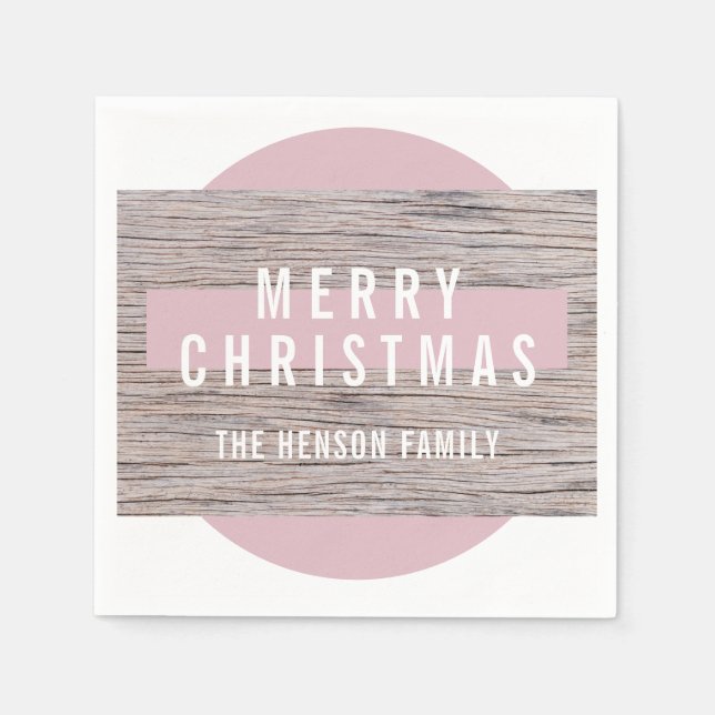 Rustic Wood Pink Merry Christmas Family Napkins (Front)