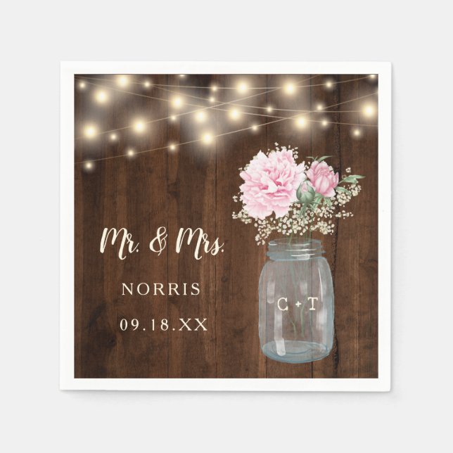 Rustic Wood Pink Peony Floral Mason Jar | Wedding Napkins (Front)