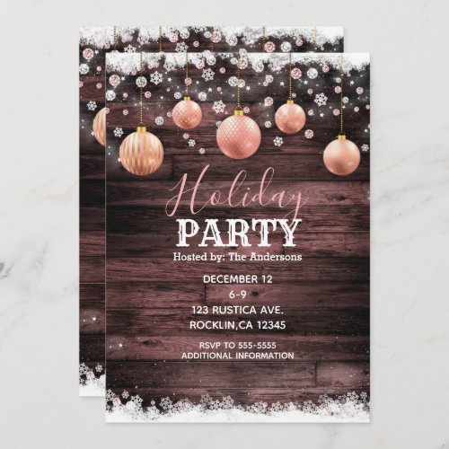 Rustic Wood Pink Rose Gold Ornaments Holiday Party Invitation