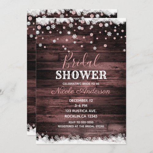 Rustic Wood Pink Rose Gold Winter Bridal Shower Invitation