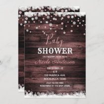 Rustic Wood Pink Rose Gold Winter Snow Baby Shower Invitation