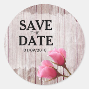 Rustic Wood Pink Rosebud Wedding Save The Date Classic Round Sticker