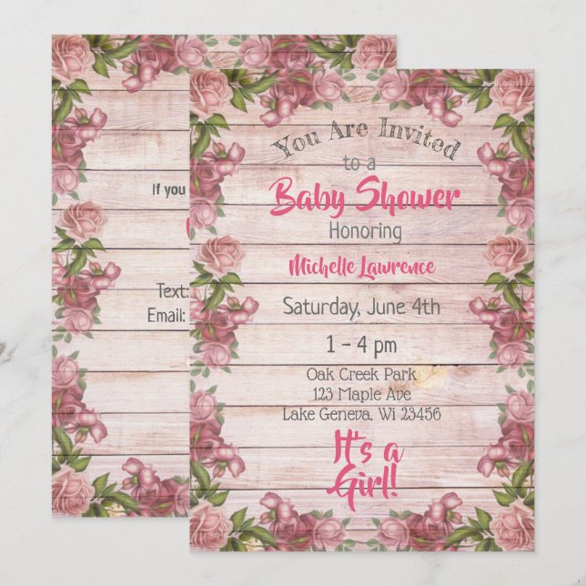 Rustic Wood Pink Roses Baby Shower Invitation (Front/Back)