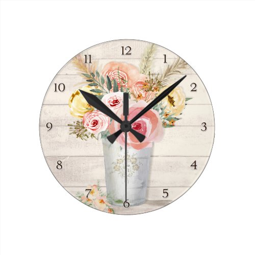 Rustic Wood Pink Roses Floral Bouquet Pampas Grass Round Clock