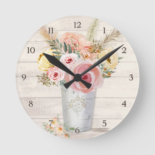 Rustic Wood Pink Roses Floral Bouquet Pampas Grass Round Clock