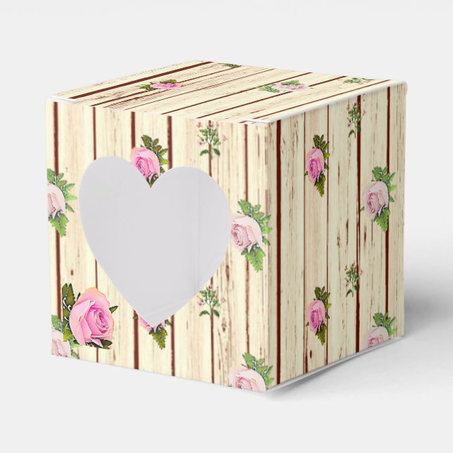 Rustic Wood Pink Roses Striped Floral Favor Box (Front Side)