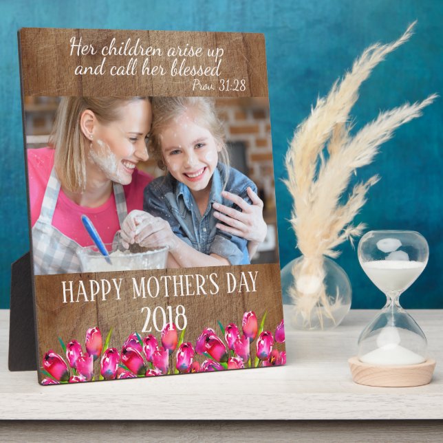 Rustic Wood Pink Tulips Photo Mother's Day Plaque (Side)