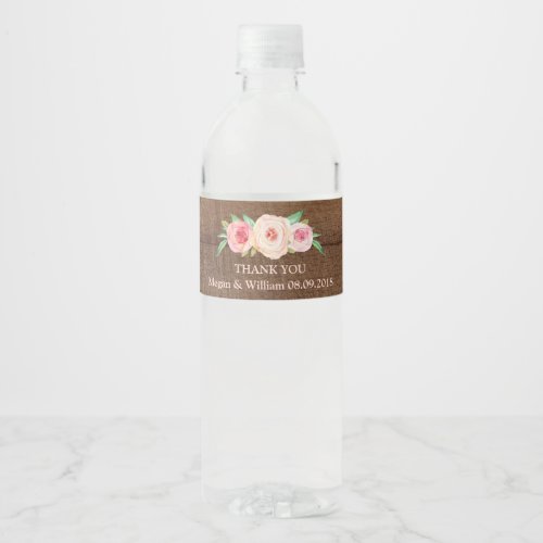 Rustic Wood Pink Vintage Floral Water Bottle Label