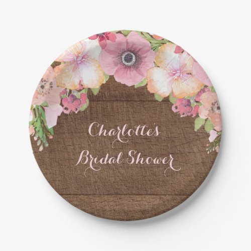 Rustic Wood Pink Watercolor Bridal Shower Plate