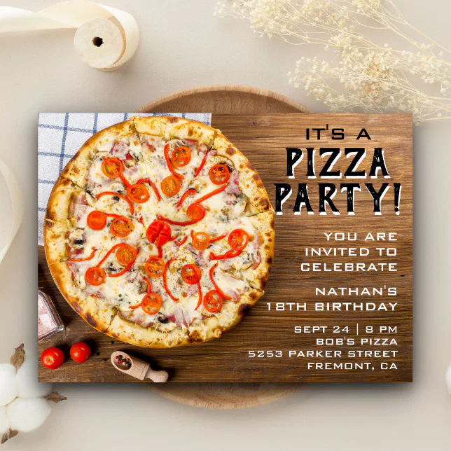 Rustic Wood Pizza Birthday Party Invitation | Zazzle