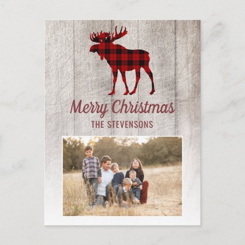 Rustic Wood Plaid Moose Christmas Photo Holiday Postcard