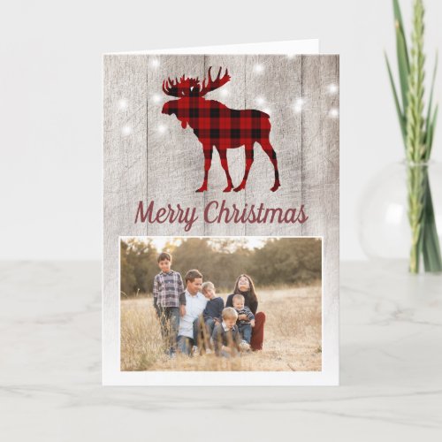 Rustic Wood Plaid Moose Lights Christmas Photo Holiday Card