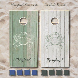 Rustic Wood Plank Cornhole Boards with Crab Design Set