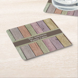 Rustic Wood Plank Family Cabin Customizable Square Paper Coaster