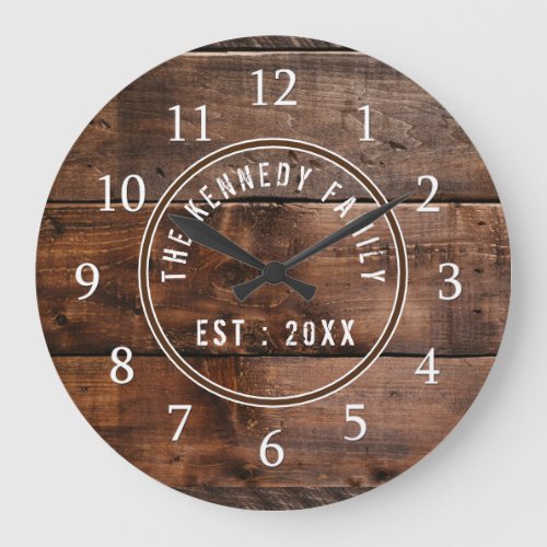 Rustic Wood Plank Family Name Large Clock