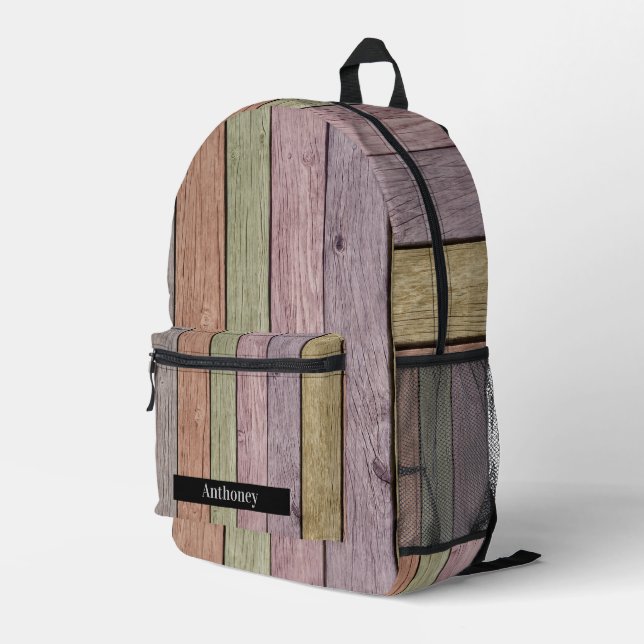 Rustic Wood Plank Pastel Personalized Name  Printed Backpack (Back Corner Right)