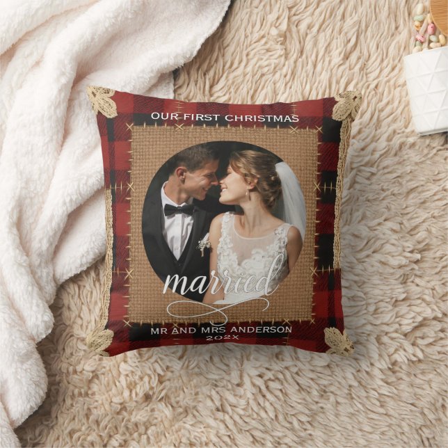 Rustic Wood Plank Plaid First Christmas Married  Throw Pillow (Blanket)