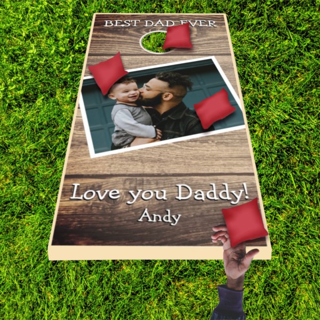 Rustic Wood Planks 2 Photo Best Dad Ever Cornhole Set (Creator Uploaded)