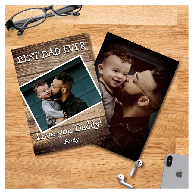 Rustic Wood Planks 2 Photo Best Dad Ever Holiday Card (Creator Uploaded)