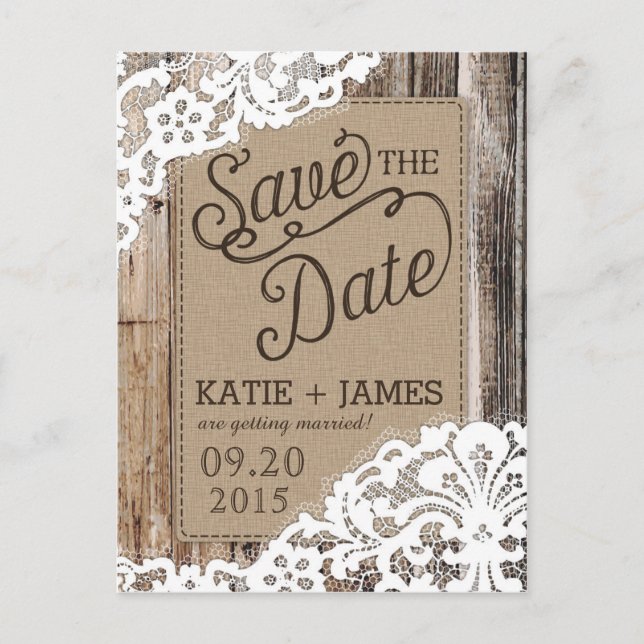 Rustic Wood Planks and Lace Save the Date Announcement Postcard (Front)