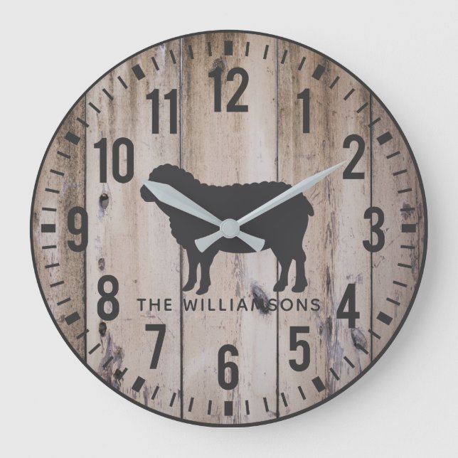 Rustic  Wood Planks Custom Family Name Sheep  Larg Large Clock (Front)