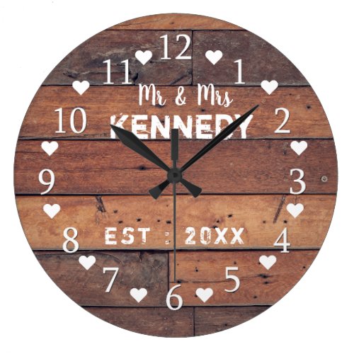 Rustic Wood Planks Mr And Mrs Wedding Anniversary Large Clock