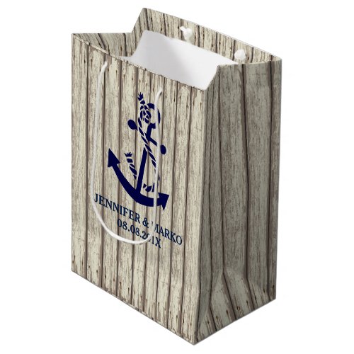 Rustic Wood Planks Pattern Blue Boat Anchor Medium Gift Bag