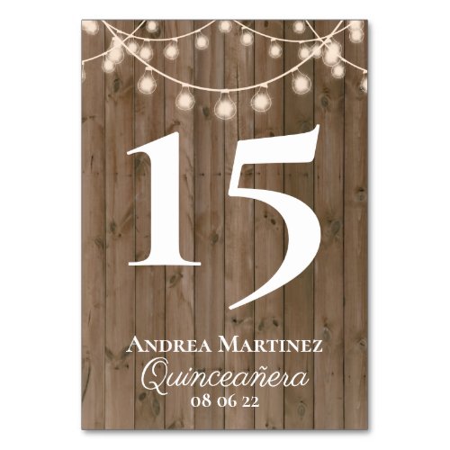 Rustic Wood Planks String of Lights Quinceaera Table Number