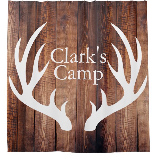 Rustic Wood Planks White Deer Antlers | Custom Shower Curtain (Front)