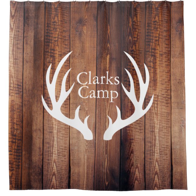 Rustic Wood Planks White Deer Antlers | Custom Shower Curtain (Front)