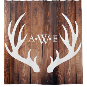 Rustic Wood Planks White Deer Antlers - Monogram Shower Curtain