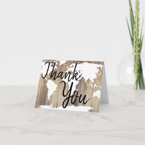 Rustic Wood Planks  White World Map Thank You Invitation