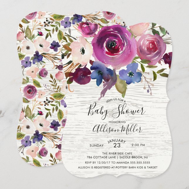 Rustic Wood Plum Floral Baby Shower Invitation (Front/Back)