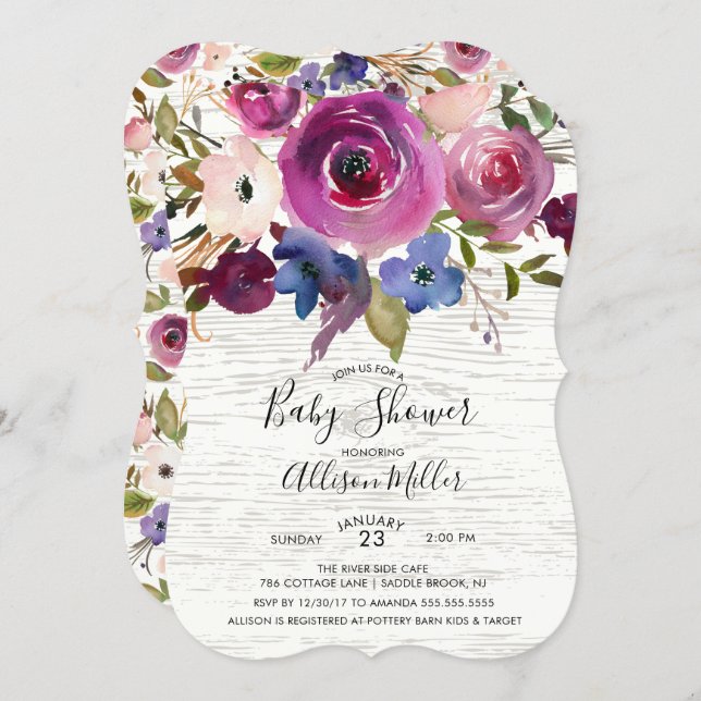 Rustic Wood Plum Floral Baby Shower Invitation (Front/Back)
