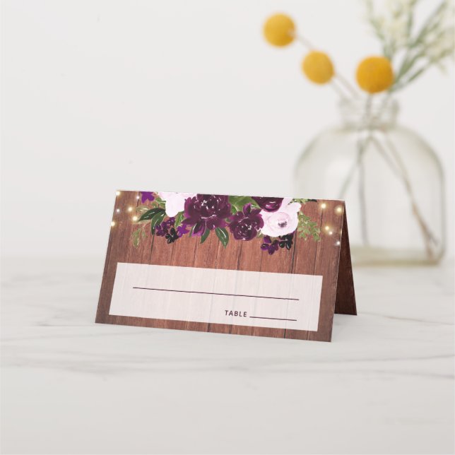 Rustic Wood Plum Floral String Lights Wedding Place Card (Front)