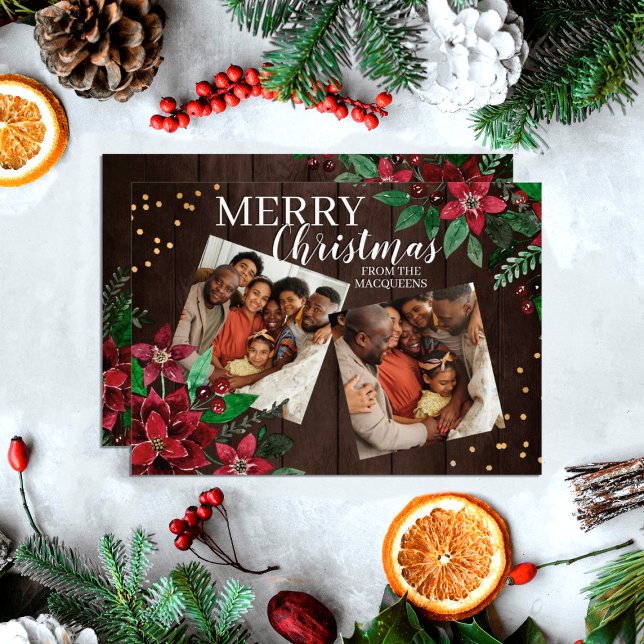Rustic Wood Poinsettia Floral Confetti Christmas Holiday Card (Creator Uploaded)