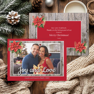 Rustic Wood Poinsettia Red Family Photo Holiday Card