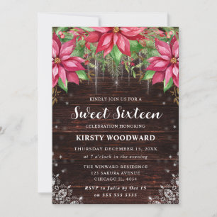 Rustic Wood & Poinsettia Sweet Sixteen Invitation