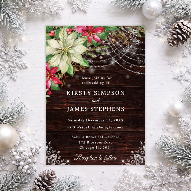 Rustic Wood & Poinsettia Winter Wedding Invitation (Creator Uploaded)