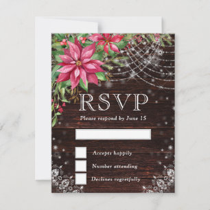 Rustic Wood & Poinsettia Winter Wedding RSVP Card