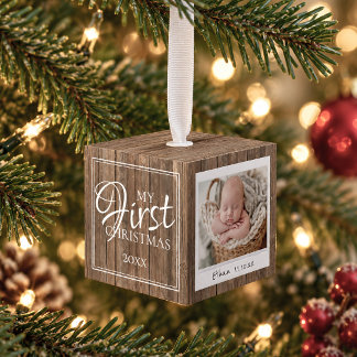 Rustic Wood Polaroid Photo Baby's 1st Christmas Cube Ornament