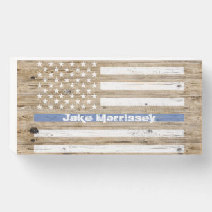 Rustic Wood Police Thin Blue Line USA Flag Name Wooden Box Sign