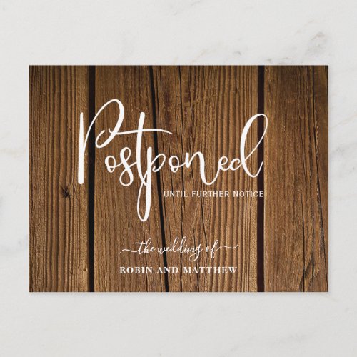 Rustic Wood Postponement Wedding Announcement Postcard