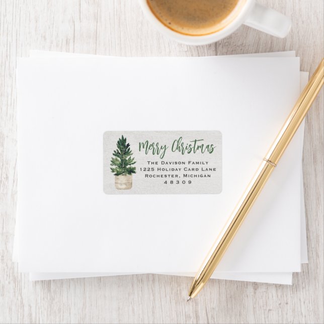 Rustic Wood Potted Pine Merry Christmas Address Label (Insitu)