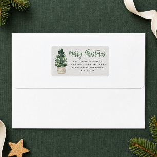 Rustic Wood Potted Pine Merry Christmas Address Label