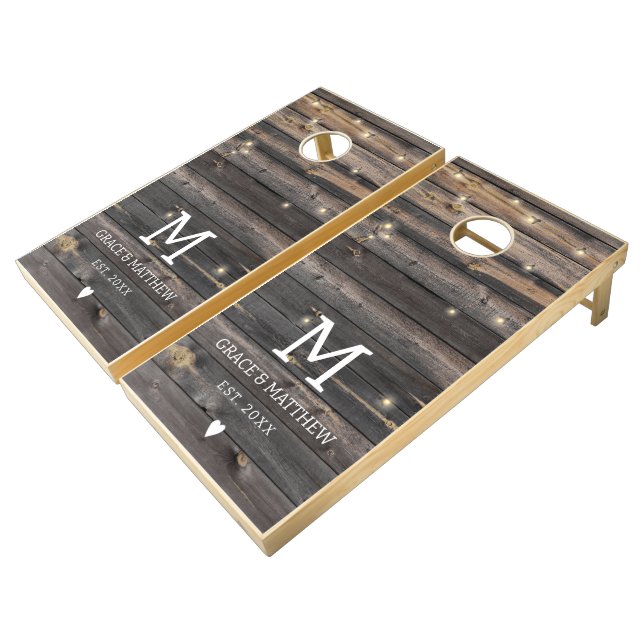 Rustic Wood Print Fireflies Wedding Monogram Cornhole Set (Angled)
