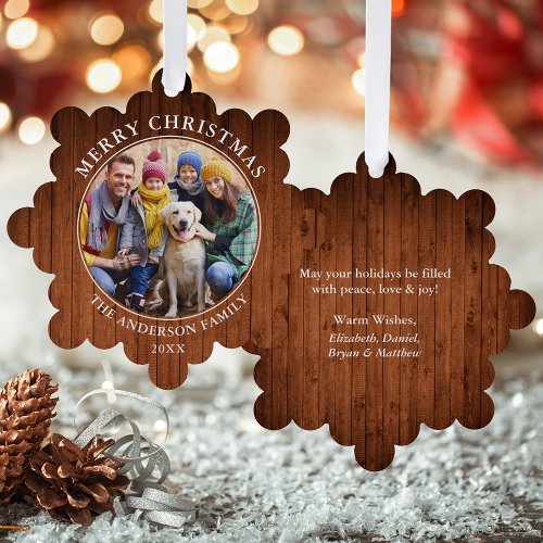 Rustic Wood Print Merry Christmas Photo Ornament Card
