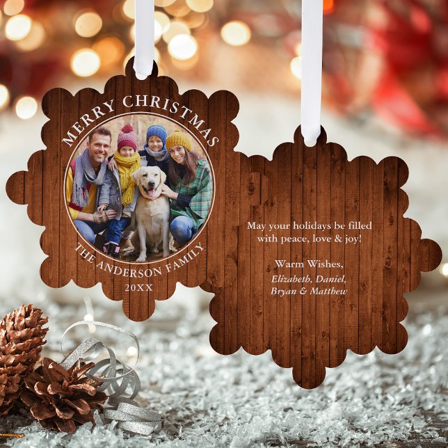 Rustic Wood Print Merry Christmas Photo Ornament Card (A greeting card that is also an ornament! Customize with your photo and personalized text.)